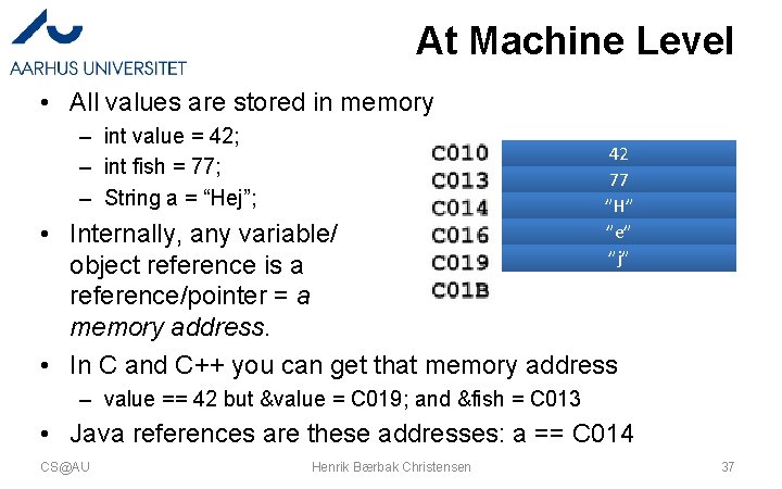 At Machine Level • All values are stored in memory – int value =