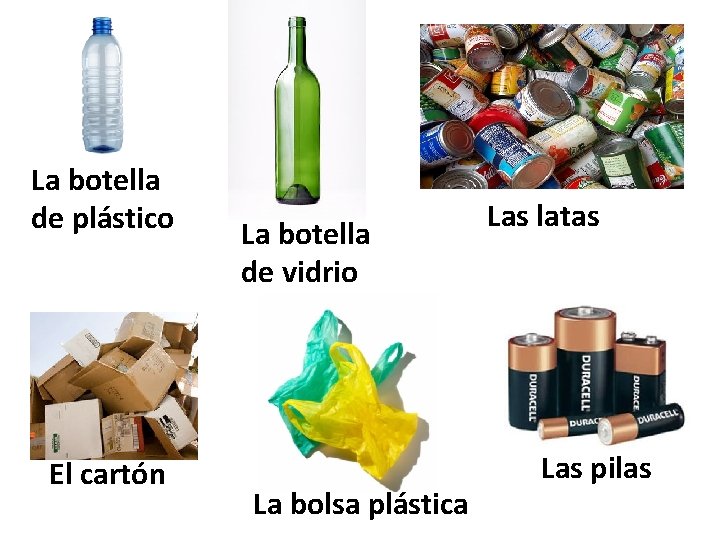 La botella de plástico El cartón La botella de vidrio La bolsa plástica Las