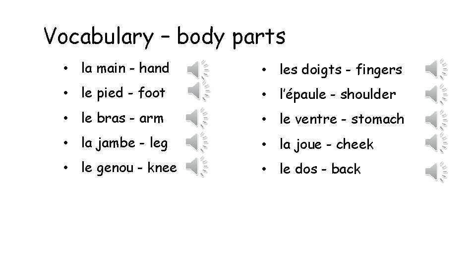 Vocabulary – body parts • la main - hand • les doigts - fingers