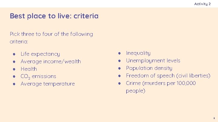 Activity 2 Best place to live: criteria Pick three to four of the following