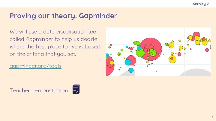 Activity 2 Proving our theory: Gapminder We will use a data visualisation tool called