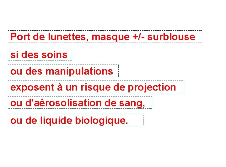 Port de lunettes, masque +/- surblouse si des soins ou des manipulations exposent à