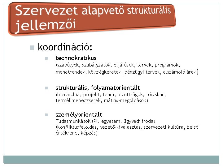 n koordináció: n technokratikus (szabályok, szabályzatok, eljárások, tervek, programok, menetrendek, költségkeretek, pénzügyi tervek, elszámoló