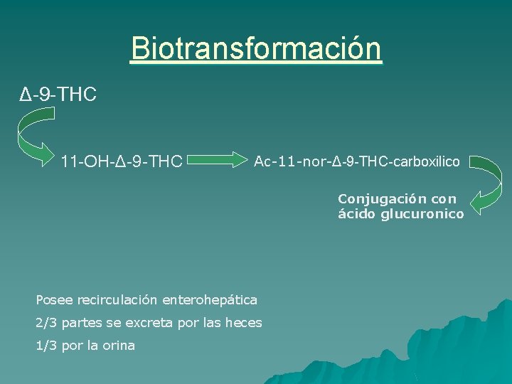 Biotransformación ∆-9 -THC 11 -OH-∆-9 -THC Ac-11 -nor-∆-9 -THC-carboxilico Conjugación con ácido glucuronico Posee