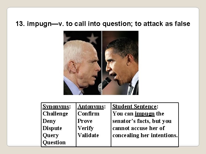 13. impugn—v. to call into question; to attack as false Synonyms: Challenge Deny Dispute