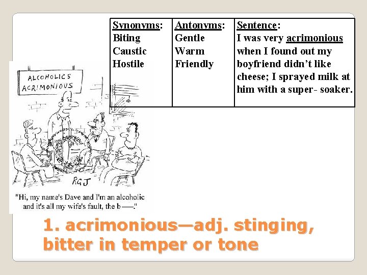 Synonyms: Biting Caustic Hostile Antonyms: Gentle Warm Friendly Sentence: I was very acrimonious when