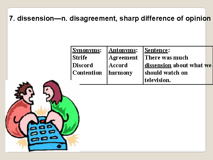 7. dissension—n. disagreement, sharp difference of opinion Synonyms: Strife Discord Contention Antonyms: Agreement Accord