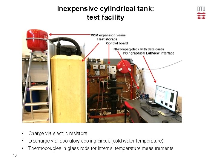 Inexpensive cylindrical tank: test facility 16 • Charge via electric resistors • Discharge via
