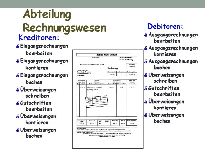 Abteilung Rechnungswesen Kreditoren: Eingangsrechnungen bearbeiten Eingangsrechnungen kontieren Eingangsrechnungen buchen Überweisungen schreiben Gutschriften bearbeiten Überweisungen