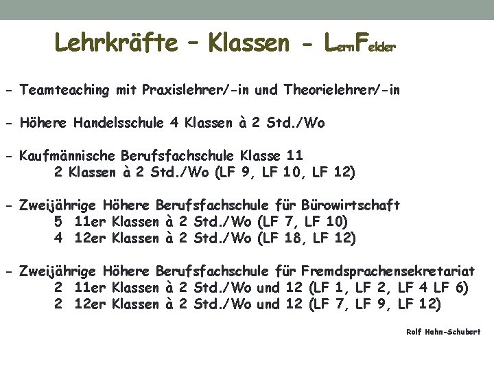 Lehrkräfte – Klassen - Lern. Felder - Teamteaching mit Praxislehrer/-in und Theorielehrer/-in - Höhere