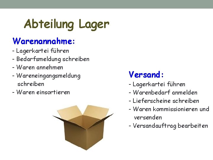 Abteilung Lager Warenannahme: - Lagerkartei führen - Bedarfsmeldung schreiben - Waren annehmen - Wareneingangsmeldung