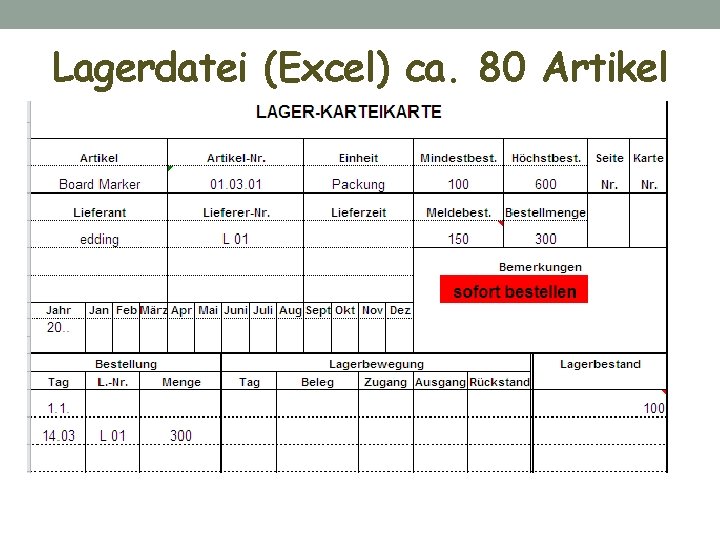 Lagerdatei (Excel) ca. 80 Artikel 