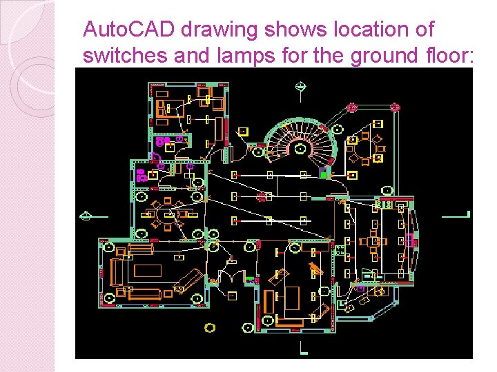 Auto. CAD drawing shows location of switches and lamps for the ground floor: 