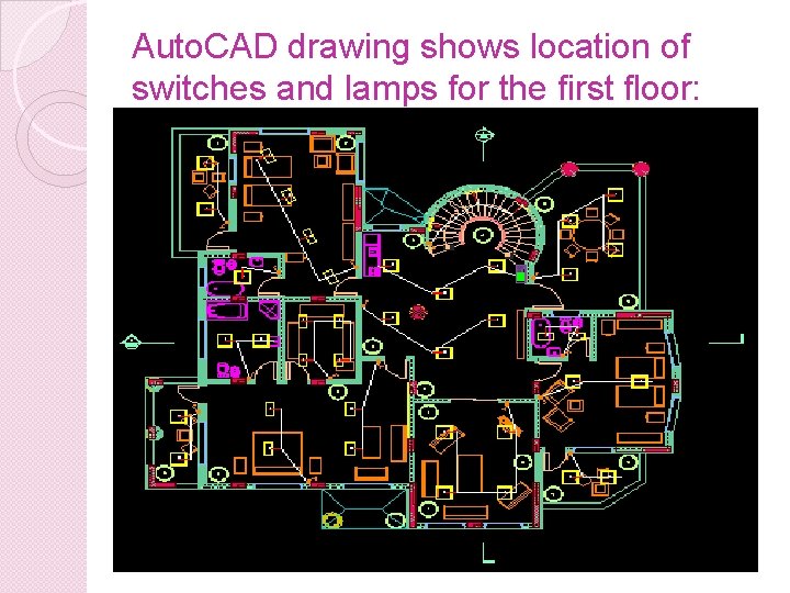 Auto. CAD drawing shows location of switches and lamps for the first floor: 