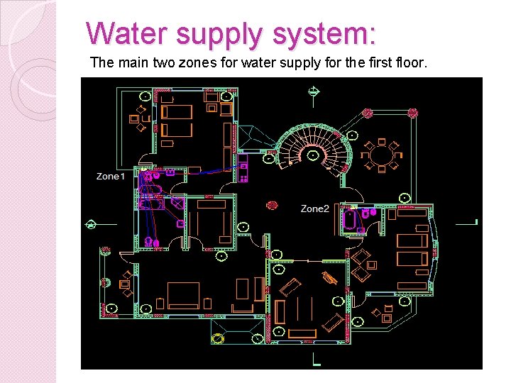 Water supply system: The main two zones for water supply for the first floor.