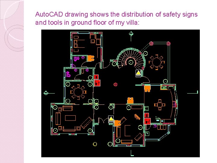 Auto. CAD drawing shows the distribution of safety signs and tools in ground floor
