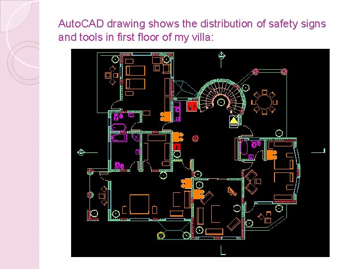 Auto. CAD drawing shows the distribution of safety signs and tools in first floor