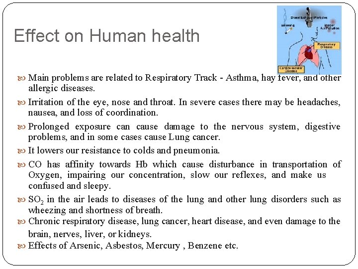 Effect on Human health Main problems are related to Respiratory Track - Asthma, hay