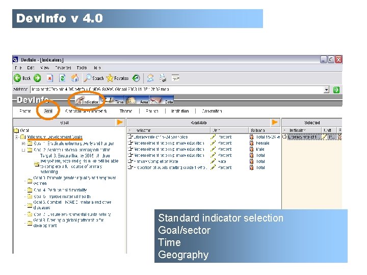 Dev. Info v 4. 0 Standard indicator selection Goal/sector Time Geography 