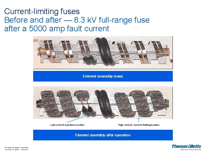 Current-limiting fuses Before and after — 8. 3 k. V full-range fuse after a