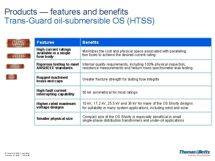 Products — features and benefits Trans-Guard oil-submersible OS (HTSS) Features Benefits High current ratings