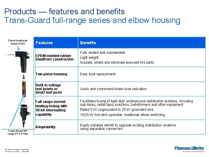 Products — features and benefits Trans-Guard full-range series and elbow housing Fused loadbreak elbow