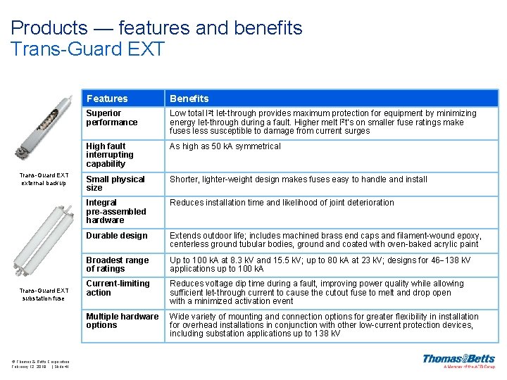 Products — features and benefits Trans-Guard EXT external backup Trans-Guard EXT substation fuse ©