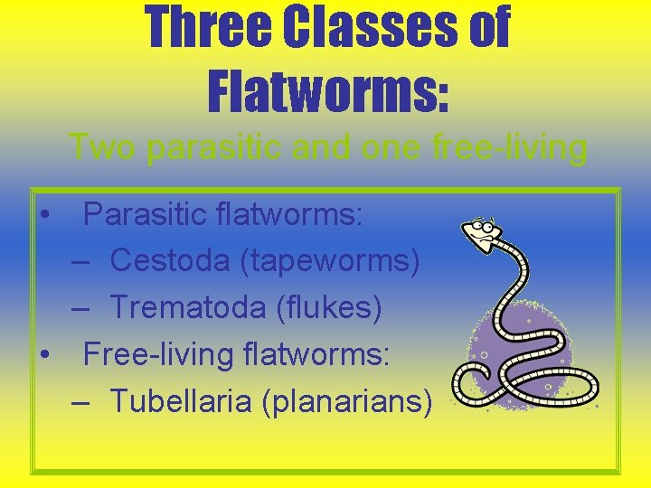 Three Classes of Flatworms: Two parasitic and one free-living • Parasitic flatworms: – Cestoda Three Classes of Flatworms: Two parasitic and one free-living • Parasitic flatworms: – Cestoda
