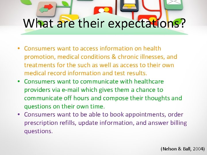 What are their expectations? • Consumers want to access information on health promotion, medical