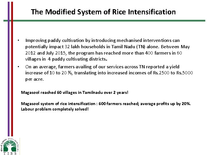 The Modified System of Rice Intensification • • Improving paddy cultivation by introducing mechanised