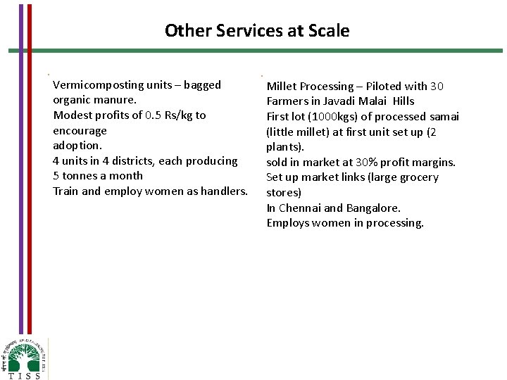 Other Services at Scale Vermicomposting units – bagged organic manure. Modest profits of 0.