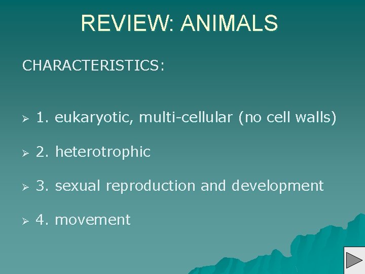 REVIEW: ANIMALS CHARACTERISTICS: Ø 1. eukaryotic, multi-cellular (no cell walls) Ø 2. heterotrophic Ø