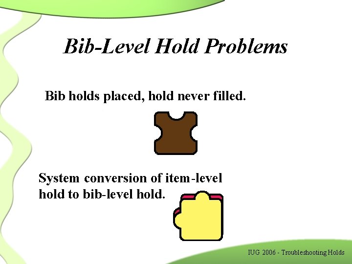 Bib-Level Hold Problems Bib holds placed, hold never filled. System conversion of item-level hold