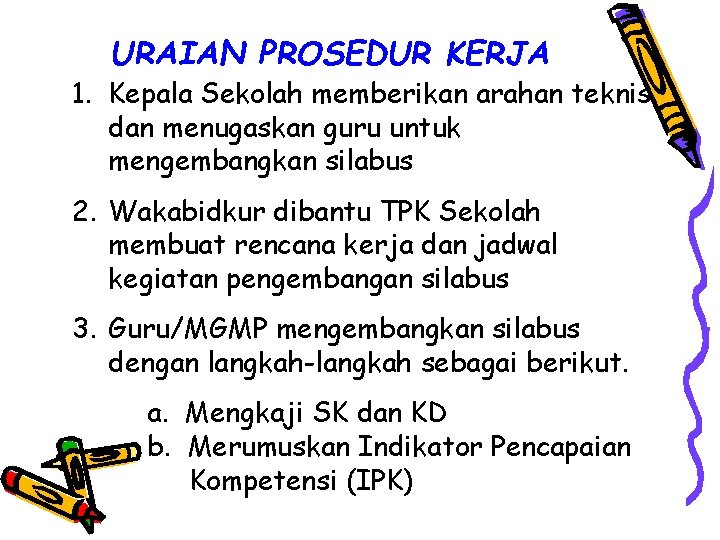 URAIAN PROSEDUR KERJA 1. Kepala Sekolah memberikan arahan teknis dan menugaskan guru untuk mengembangkan