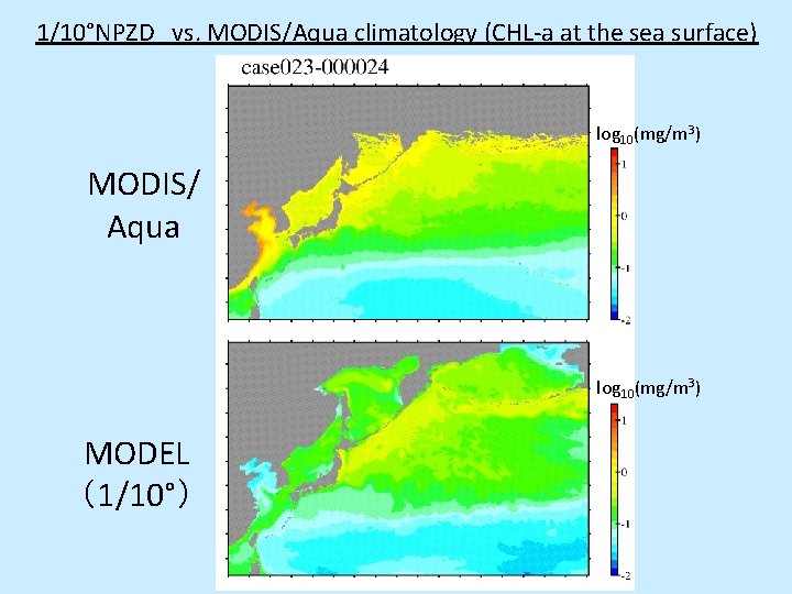 1/10°NPZD vs. MODIS/Aqua climatology (CHL-a at the sea surface) log 10(mg/m 3) MODIS/ Aqua