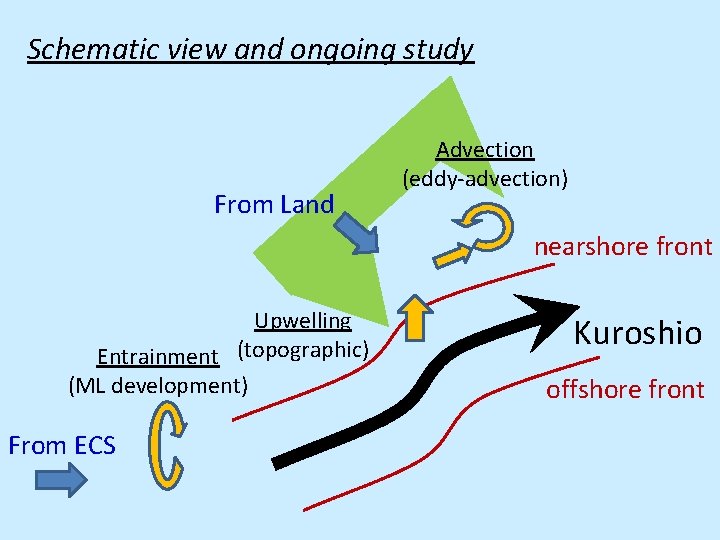 Schematic view and ongoing study From Land Advection (eddy-advection) nearshore front Upwelling Entrainment (topographic)