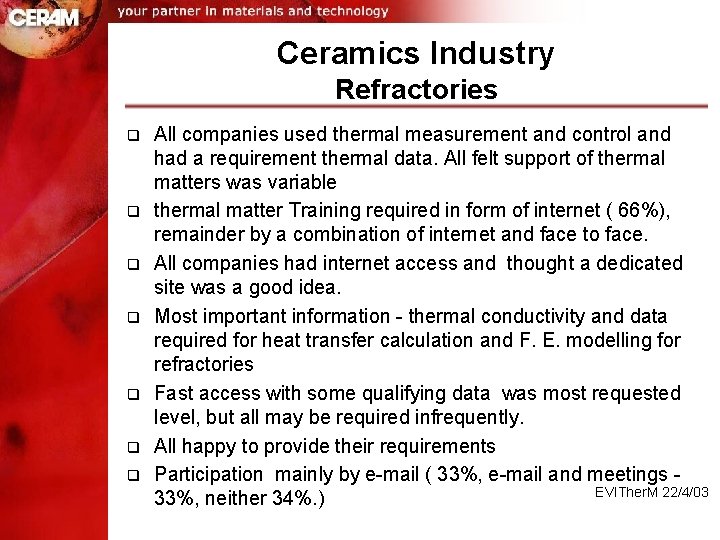 Ceramics Industry Refractories q q q q All companies used thermal measurement and control