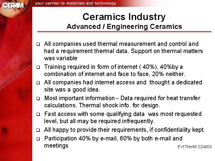 Ceramics Industry Advanced / Engineering Ceramics q q q q All companies used thermal
