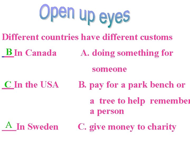 Different countries have different customs B In Canada A. doing something for someone C