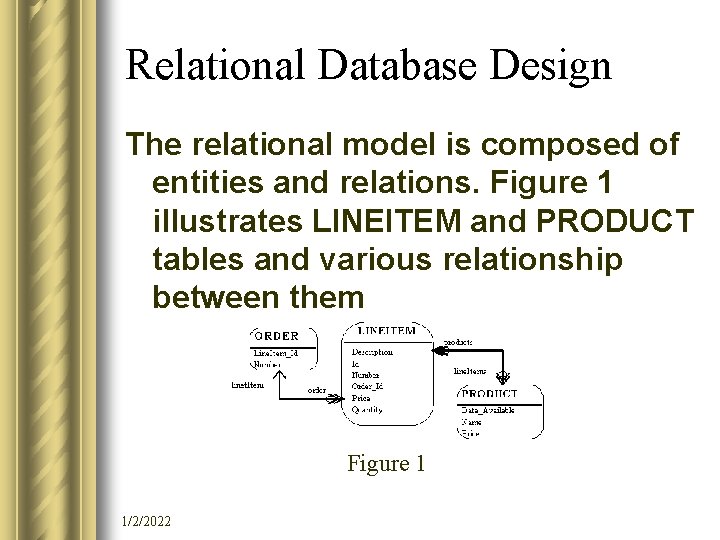 Relational Database Design The relational model is composed of entities and relations. Figure 1