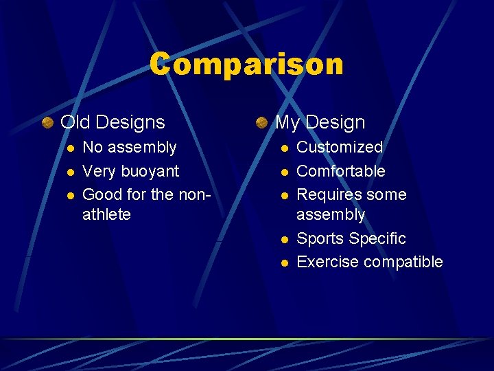 Comparison Old Designs l l l No assembly Very buoyant Good for the nonathlete