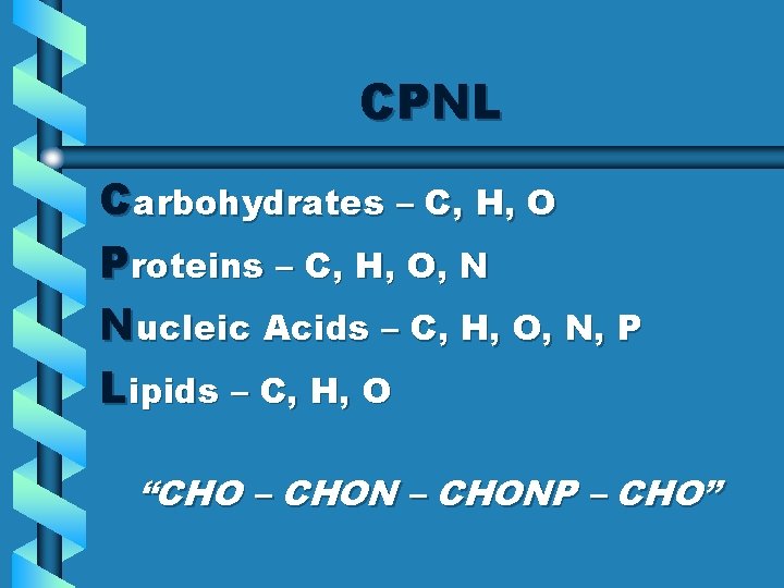 CPNL Carbohydrates – C, H, O Proteins – C, H, O, N Nucleic Acids