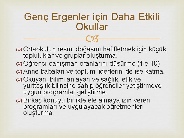 Genç Ergenler için Daha Etkili Okullar Ortaokulun resmi doğasını hafifletmek için küçük topluluklar ve