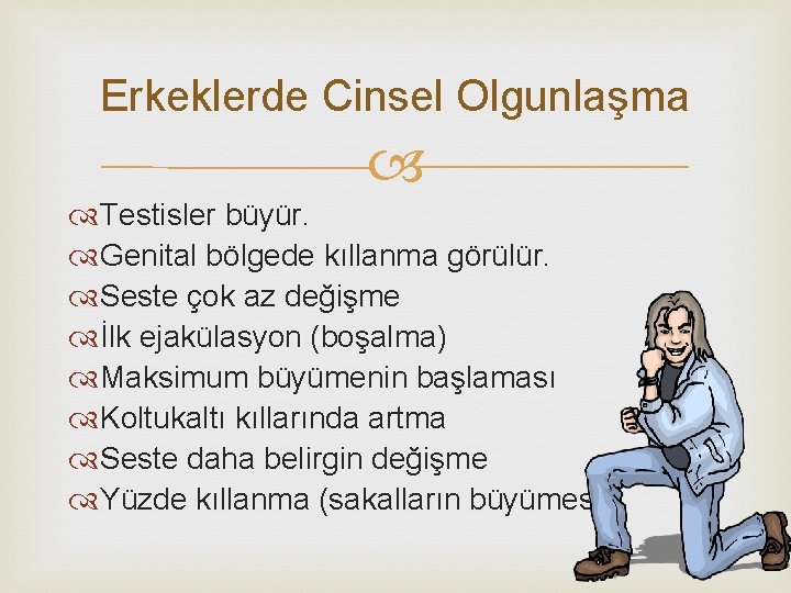 Erkeklerde Cinsel Olgunlaşma Testisler büyür. Genital bölgede kıllanma görülür. Seste çok az değişme İlk