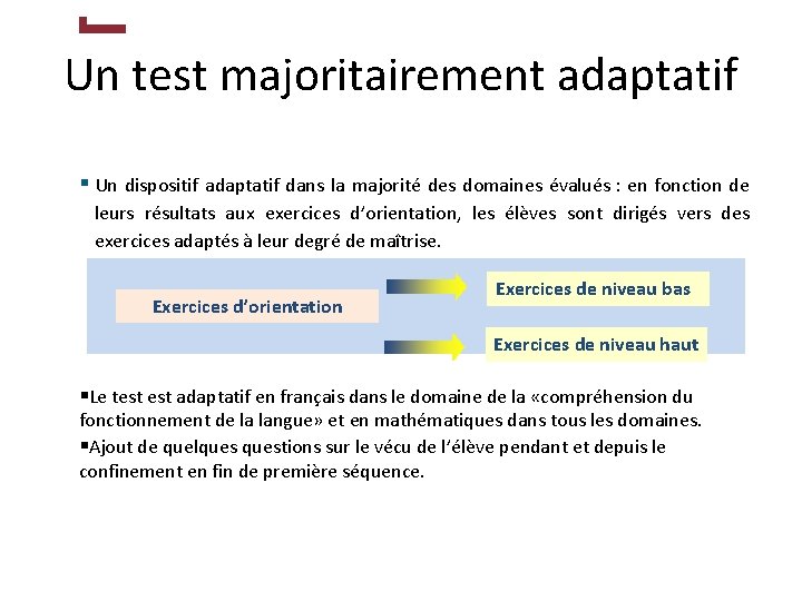 Un test majoritairement adaptatif Un dispositif adaptatif dans la majorité des domaines évalués :