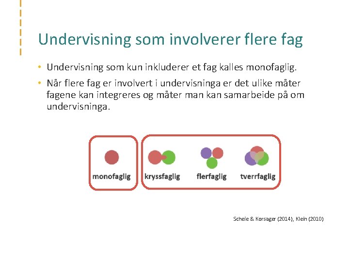 Undervisning som involverer flere fag • Undervisning som kun inkluderer et fag kalles monofaglig.