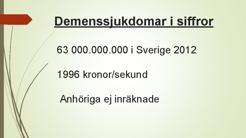 Demenssjukdomar i siffror 63 000 i Sverige 2012 1996 kronor/sekund Anhöriga ej inräknade 