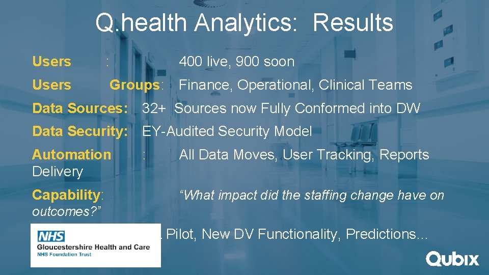 Q. health Analytics: Results Users : 400 live, 900 soon Users Groups: Finance, Operational,