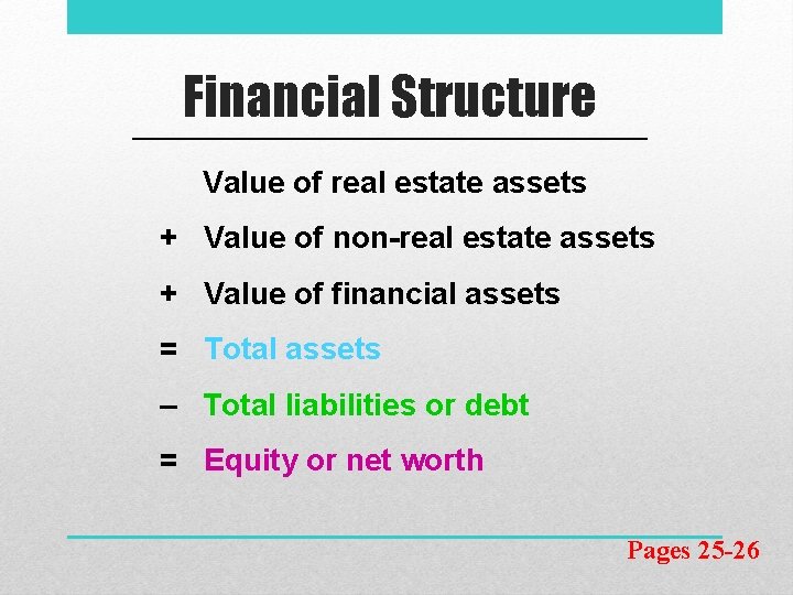 Financial Structure Value of real estate assets + Value of non-real estate assets +