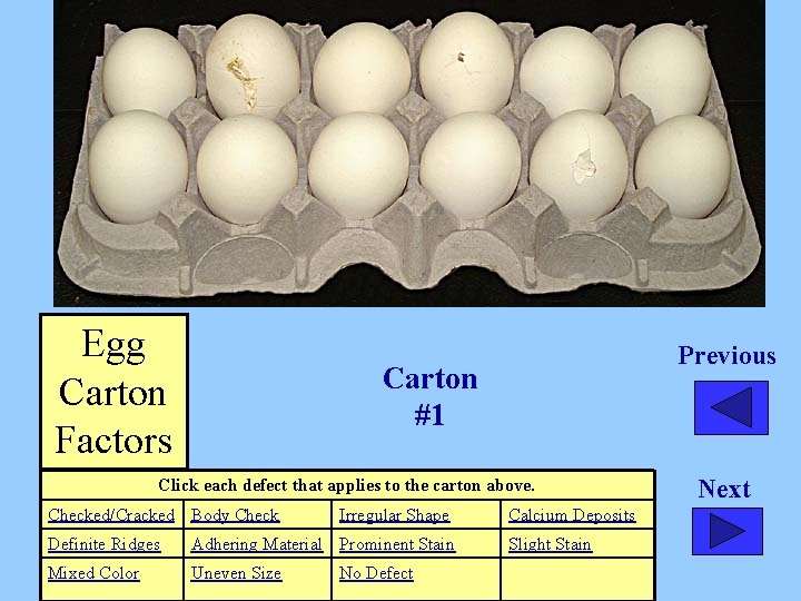 Egg Carton Factors Previous Carton #1 Click each defect that applies to the carton